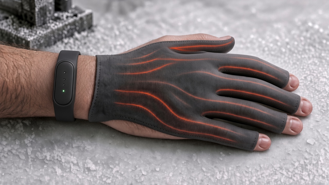 Concept render of Heat-Aid: heated strips along the back of the hand and fingers with a slim wrist-band battery pack